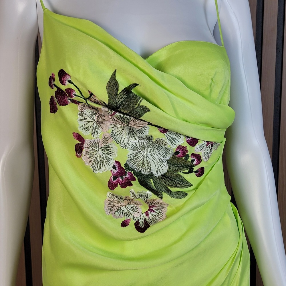 ASOS EDITION Wrap Midi Dress Floral Embroidered Lime Green Satin Draped 4 NWT - Picture 5 of 14